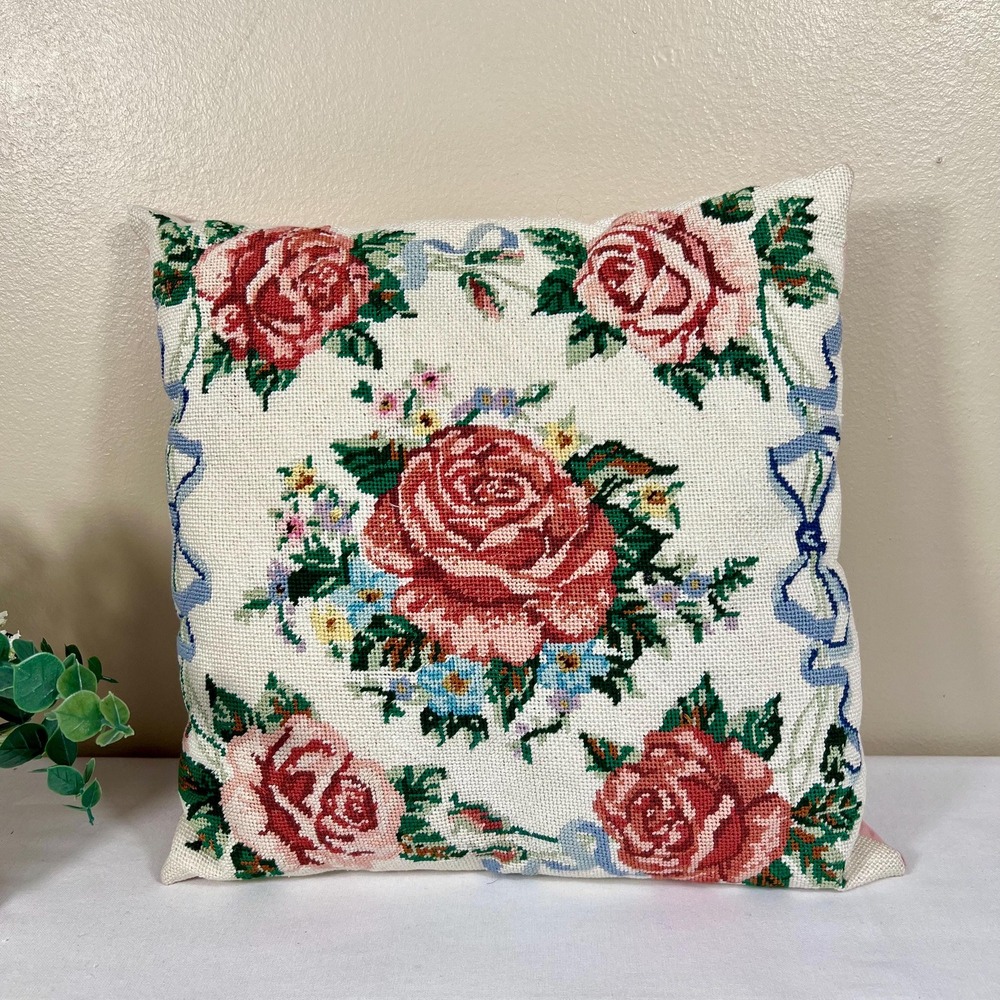 Vintage Handmade Floral and Bow Needlepoint Throw Pillow